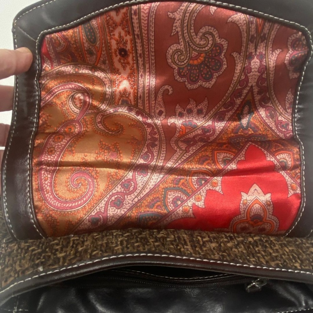 Tignanello Brown‎ Tweed Leather Trim Satchel Shoulder Crossbody Bag - Picture 8 of 12